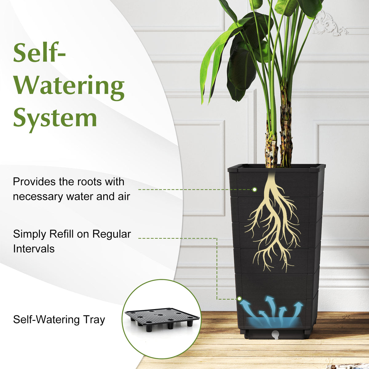Black Modern Flower Planter Set of 2 with Self-Watering System for Indoor Outdoor