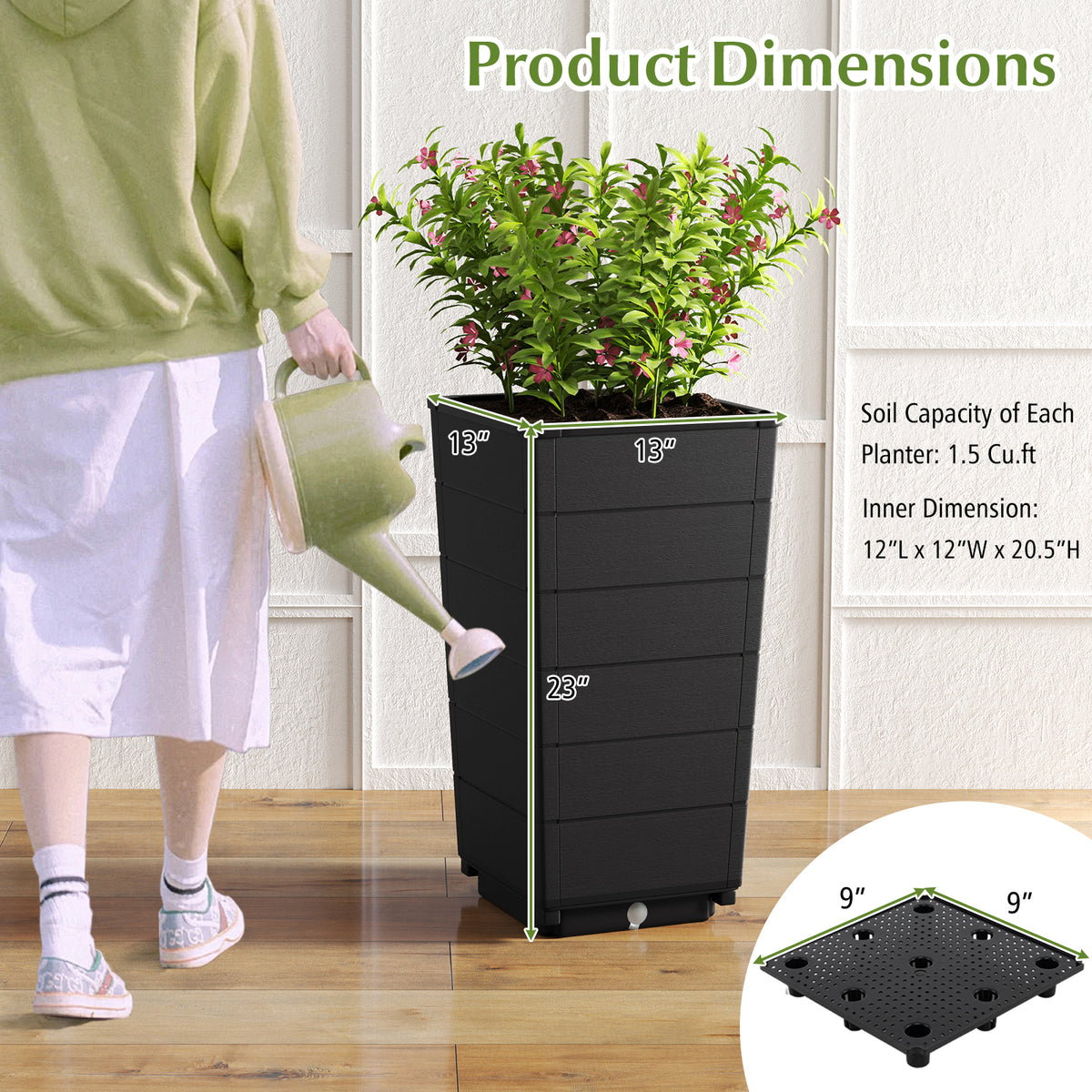 Black Modern Flower Planter Set of 2 with Self-Watering System for Indoor Outdoor