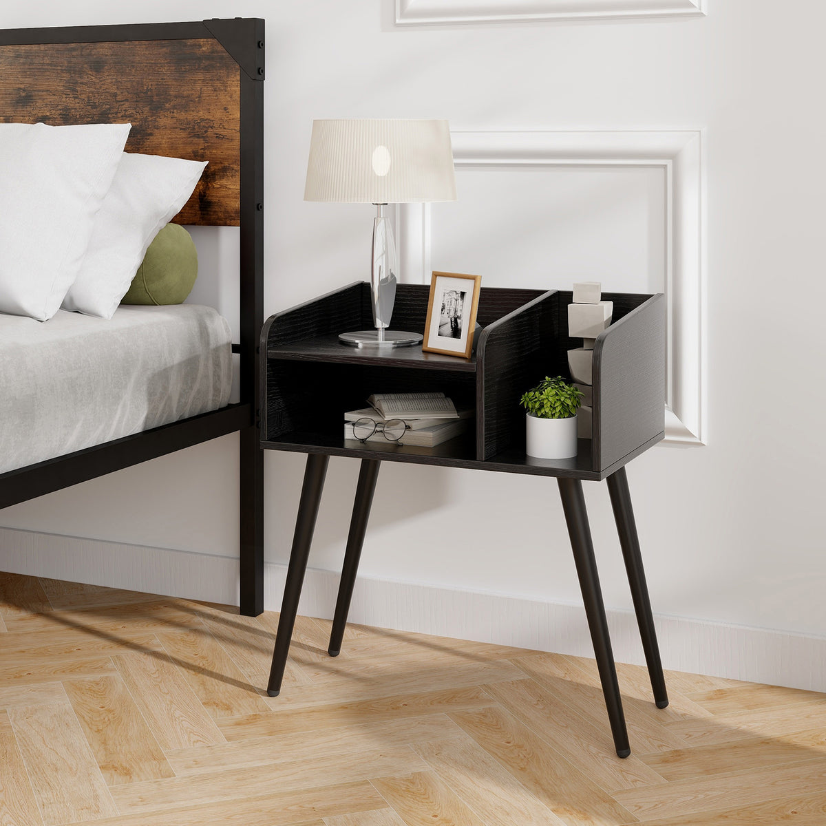 Mid Century Modern Nightstand with Open Shelves - Black