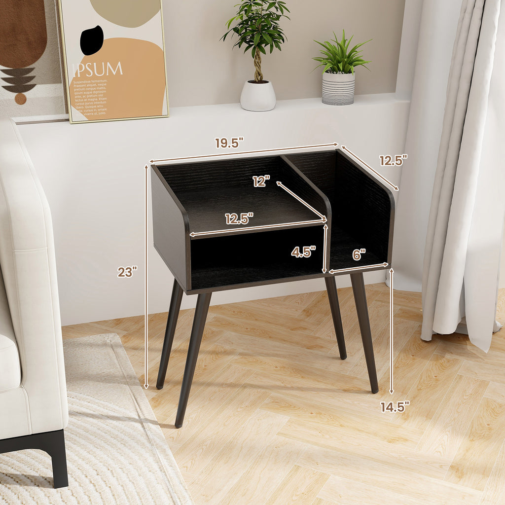 Mid Century Modern Nightstand with Open Shelves - Black