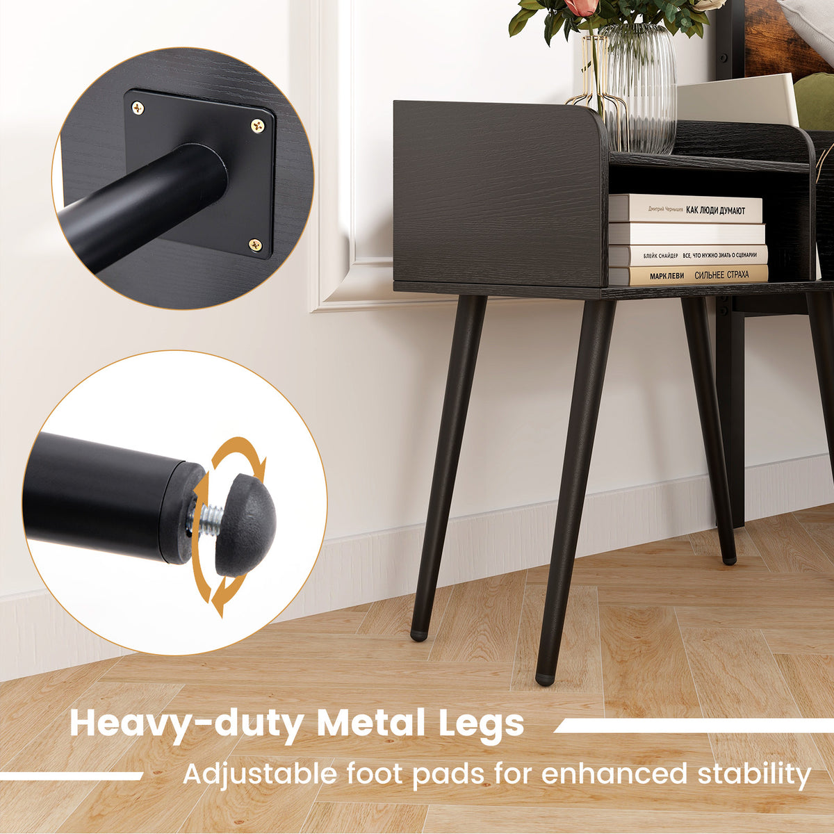 Mid Century Modern Nightstand with Open Shelves - Black