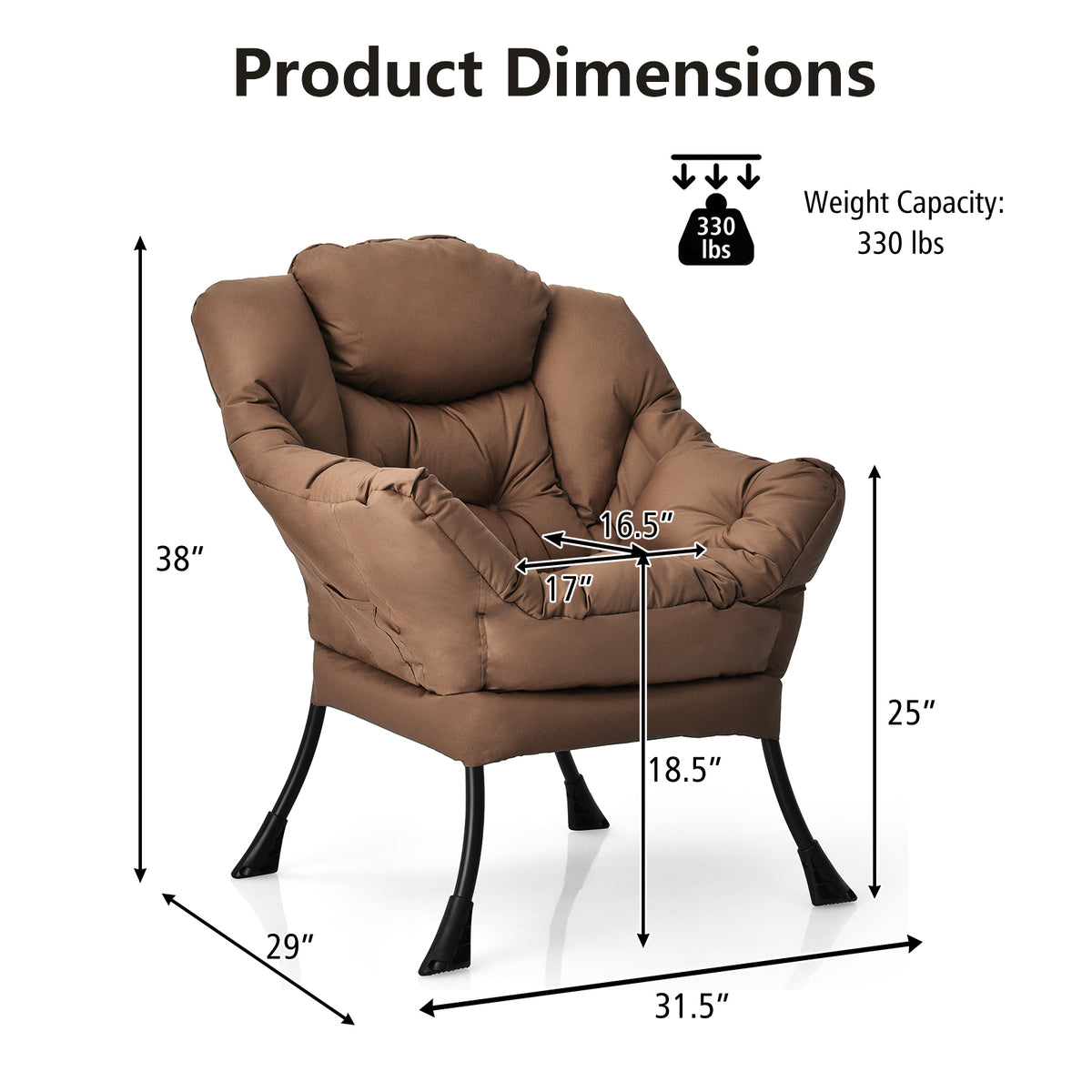 Lazy Chair with Steel Frame and Side Pocket - Brown