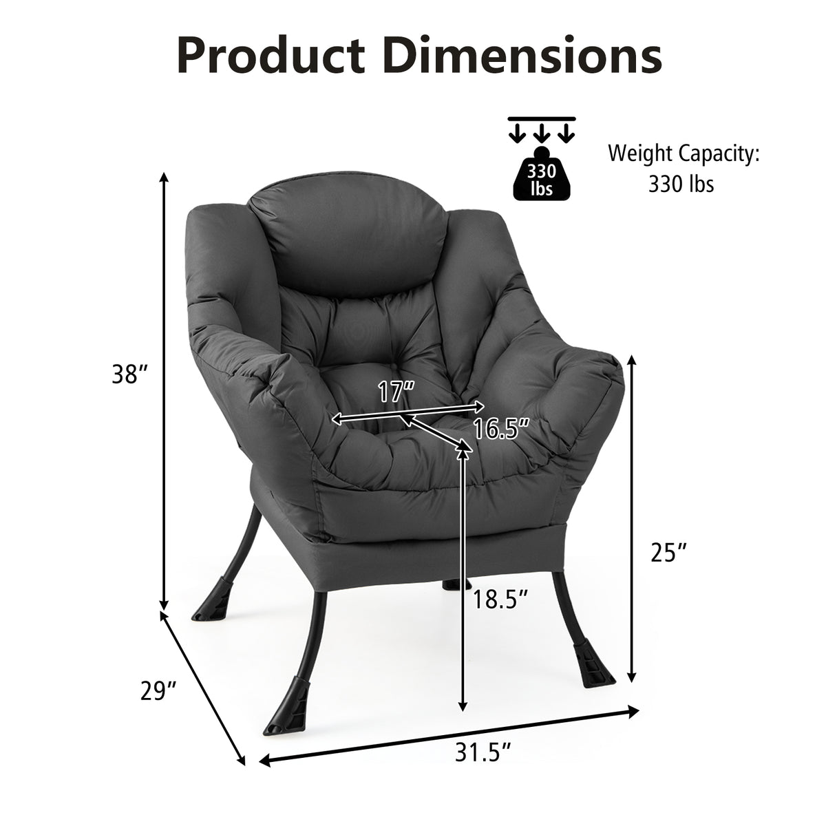 Lazy Chair with Steel Frame and Side Pocket - Gray