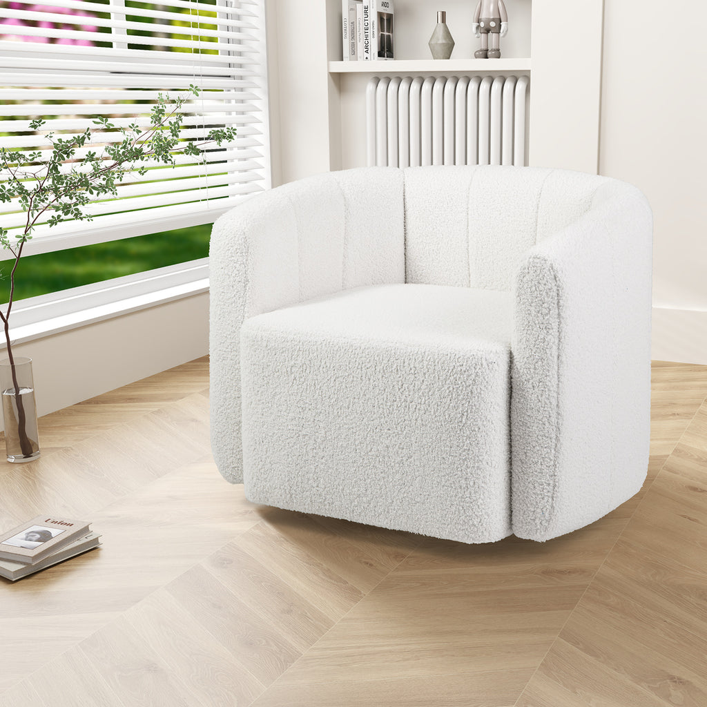 White Sherpa Accent Chair with Curved Backrest & Swivel