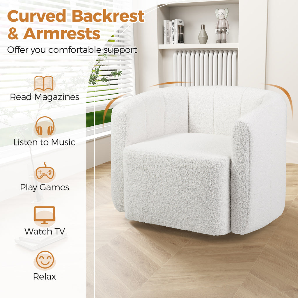 White Sherpa Accent Chair with Curved Backrest & Swivel