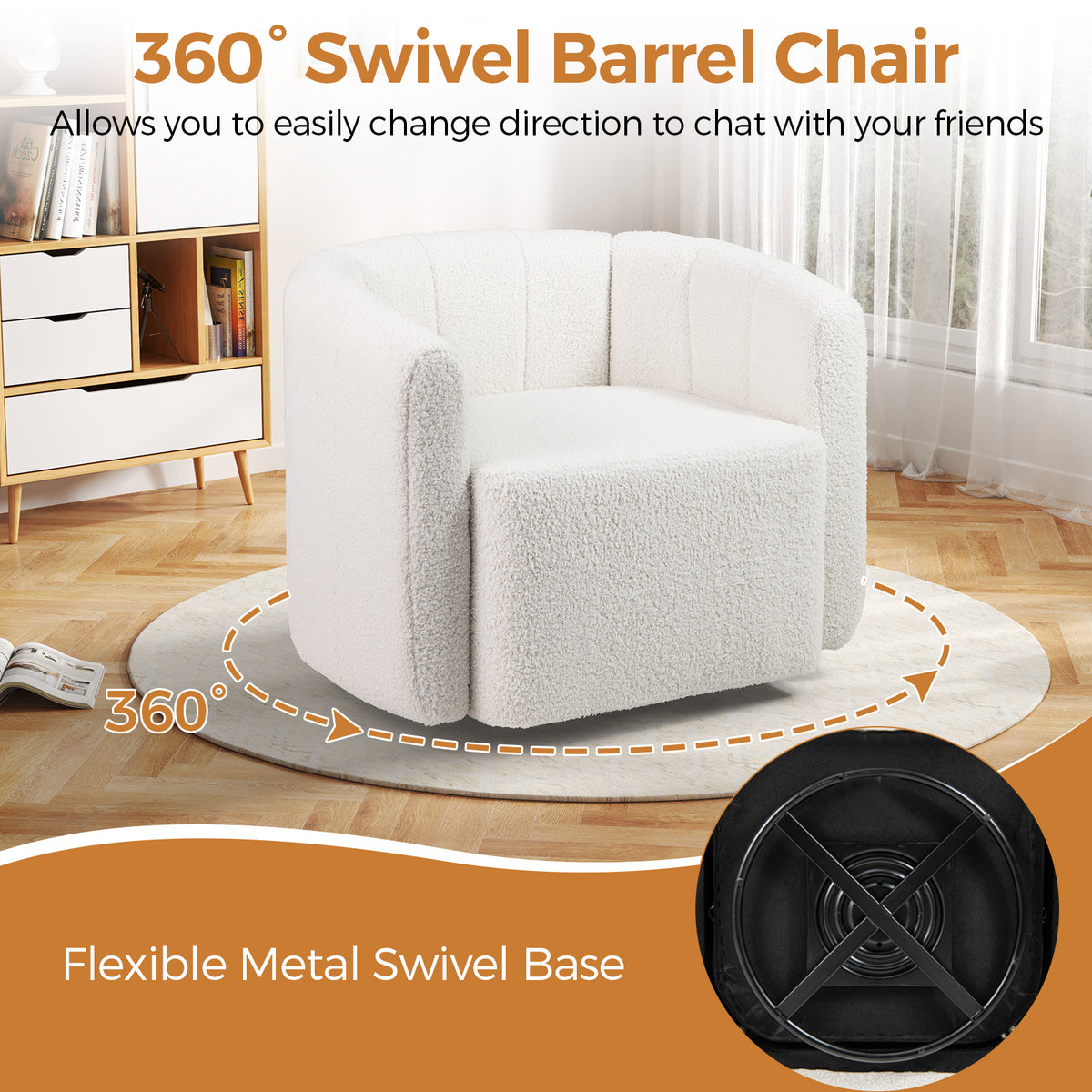 White Sherpa Accent Chair with Curved Backrest & Swivel