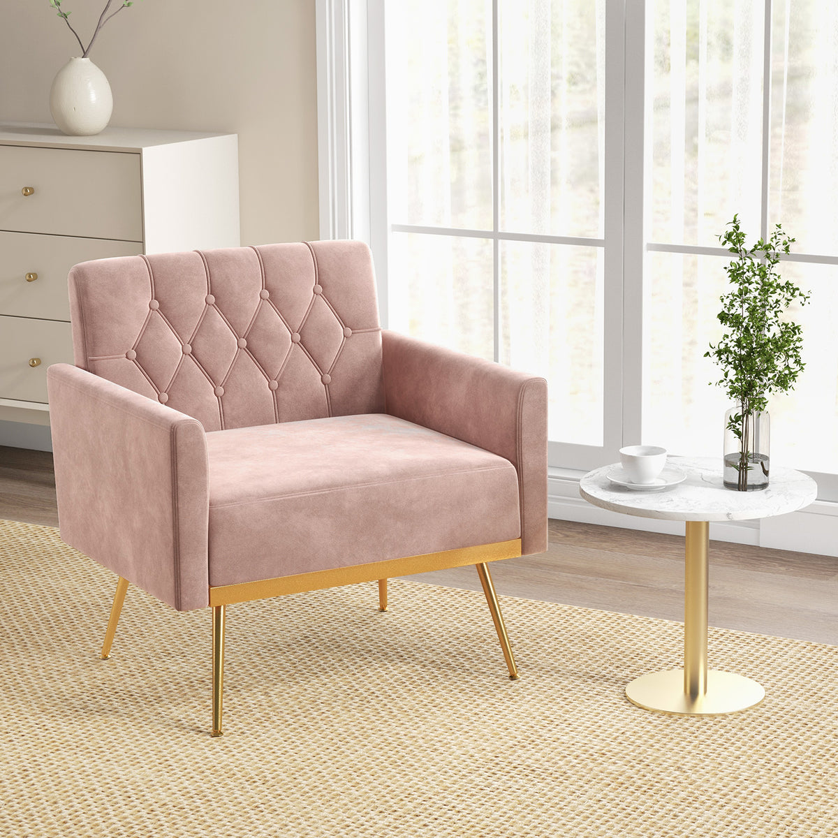 Modern Velvet Accent Chair with Button Tufted Back - Pink