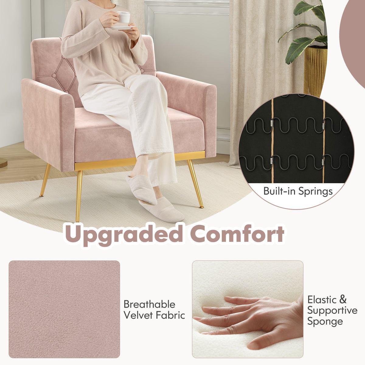 Modern Velvet Accent Chair with Button Tufted Back - Pink