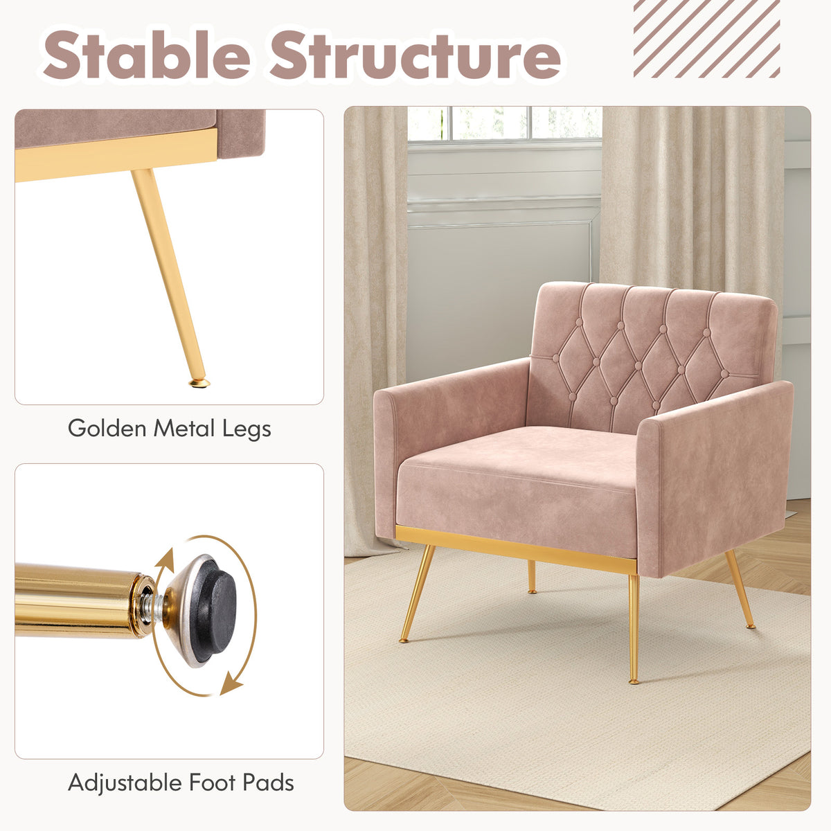 Modern Velvet Accent Chair with Button Tufted Back - Pink