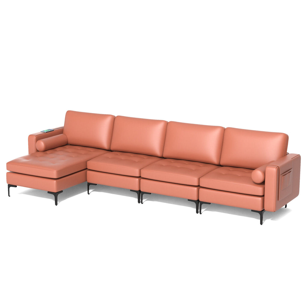 L-Shaped 4-Seat Sectional Sofa with USB Charging, Pink