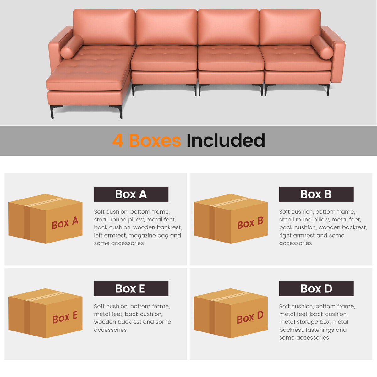 L-Shaped 4-Seat Sectional Sofa with USB Charging, Pink