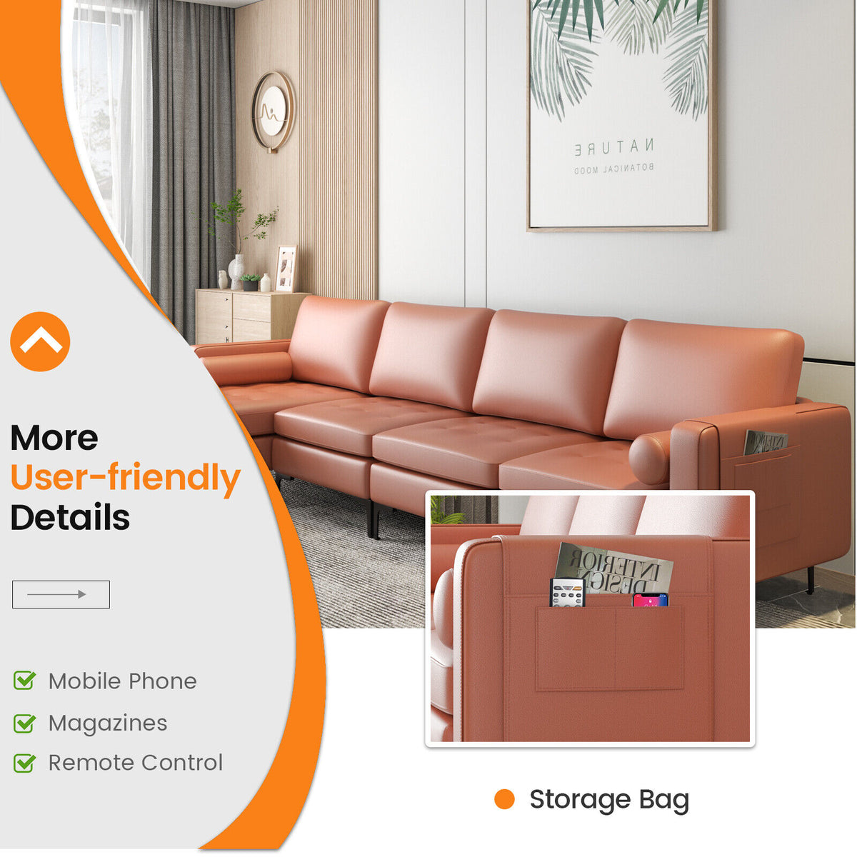 L-Shaped 4-Seat Sectional Sofa with USB Charging, Pink