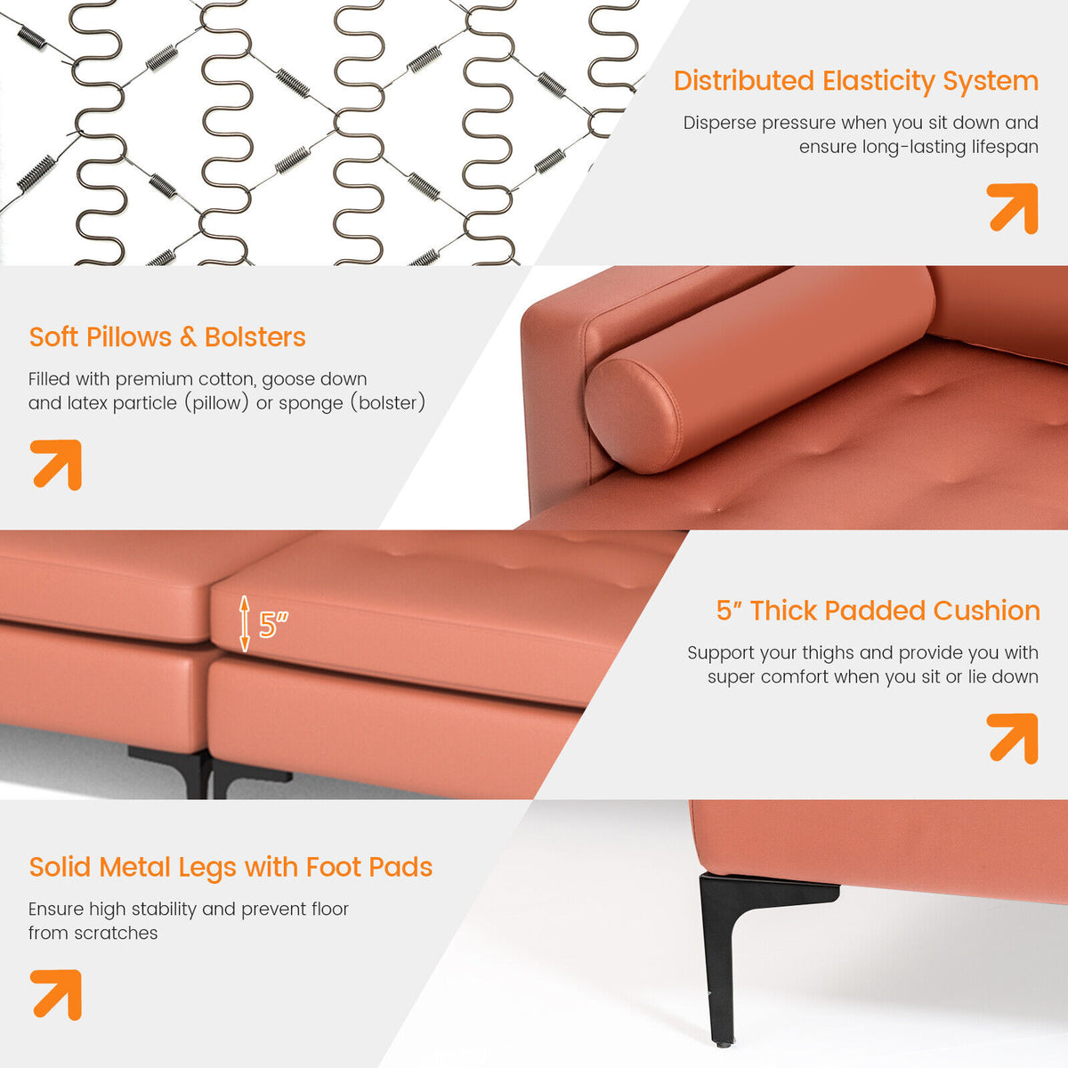 L-Shaped 4-Seat Sectional Sofa with USB Charging, Pink