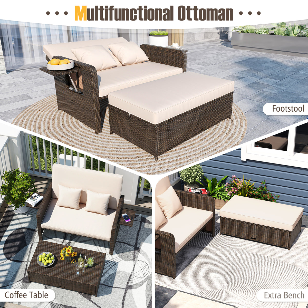 Outdoor Daybed Loveseat Set with Storage Ottoman – Space-Saving Design