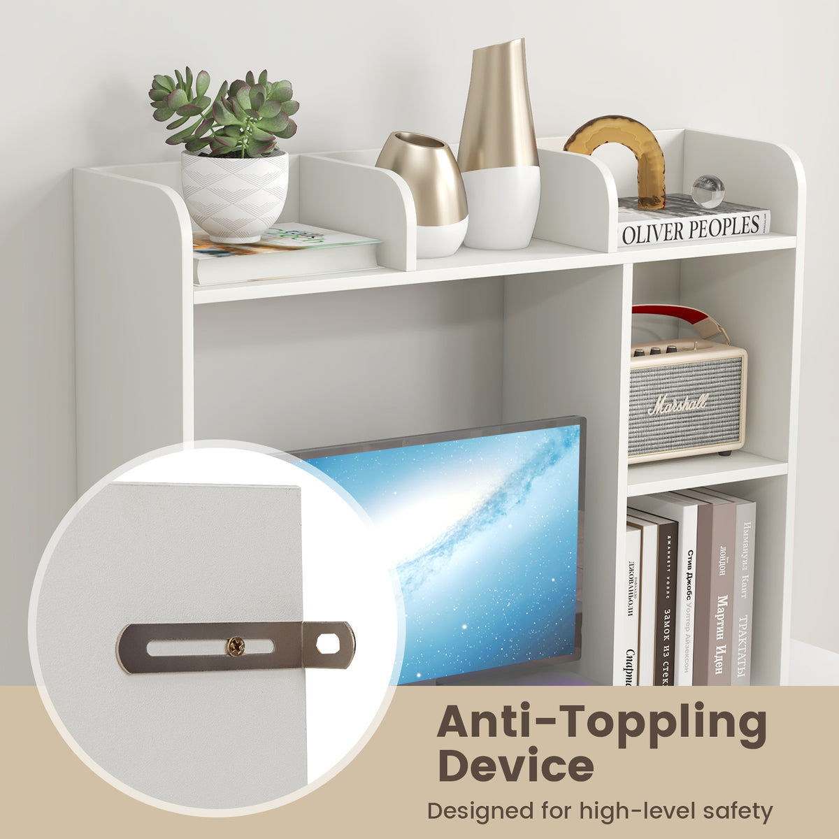 3-Tier Desk Bookshelf Organizer with Monitor Stand – White