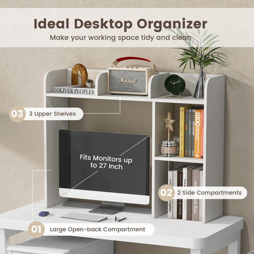 3-Tier Desk Bookshelf Organizer with Monitor Stand – White