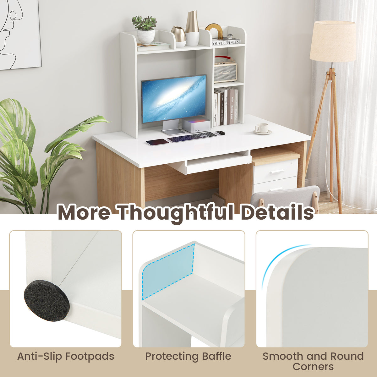 3-Tier Desk Bookshelf Organizer with Monitor Stand – White