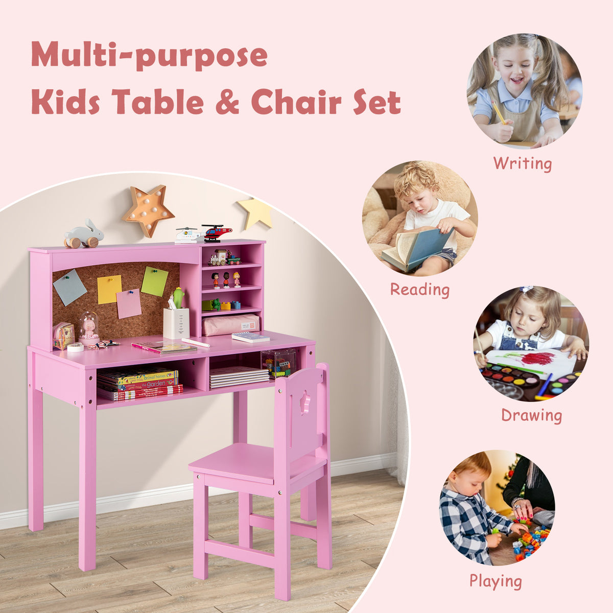 Kids Desk and Chair Set with Hutch and Bulletin Board - Pink, for 3+ Kids