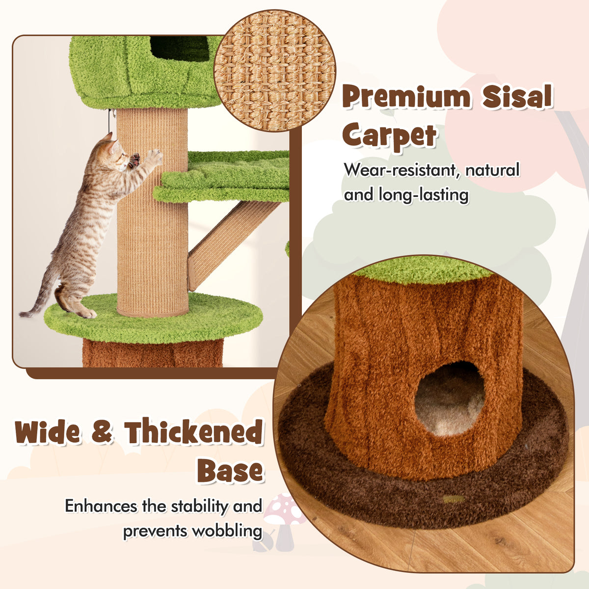 Green Mushroom Cat Tree with Condos & Plush Perch - Cat Furniture for Indoor Cats