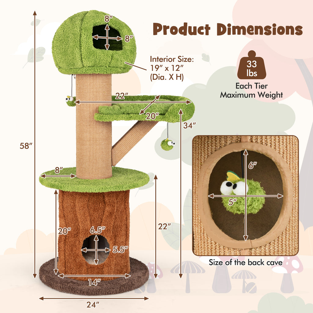 Green Mushroom Cat Tree with Condos & Plush Perch - Cat Furniture for Indoor Cats