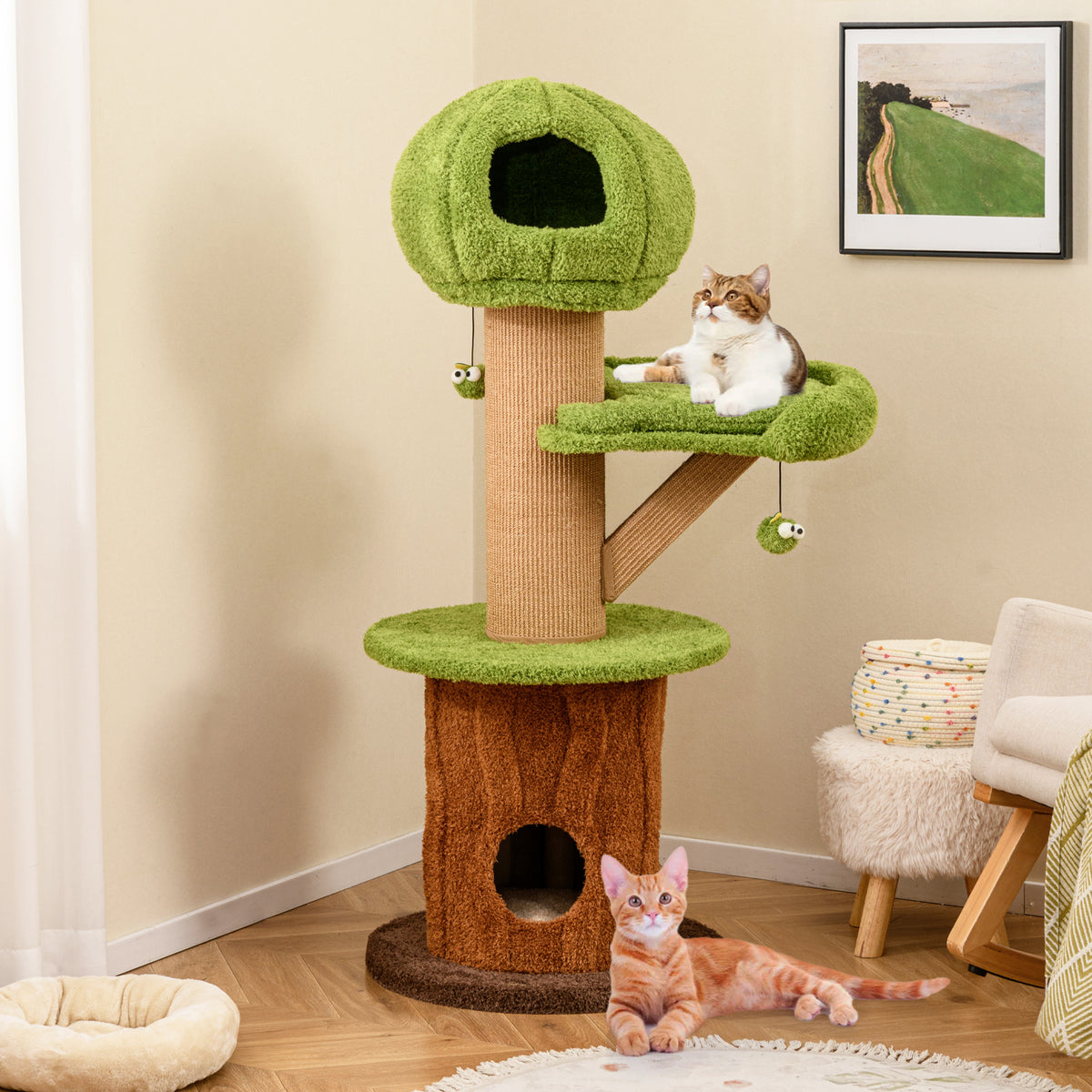 Green Mushroom Cat Tree with Condos & Plush Perch - Cat Furniture for Indoor Cats