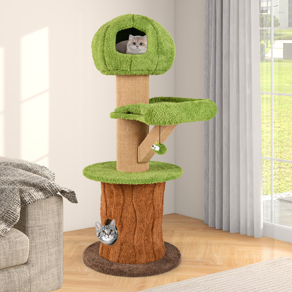 Green Mushroom Cat Tree with Condos & Plush Perch - Cat Furniture for Indoor Cats