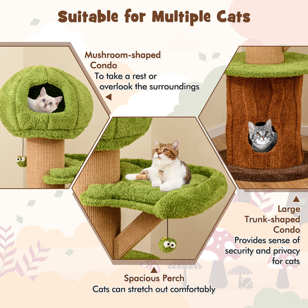 Green Mushroom Cat Tree with Condos & Plush Perch - Cat Furniture for Indoor Cats
