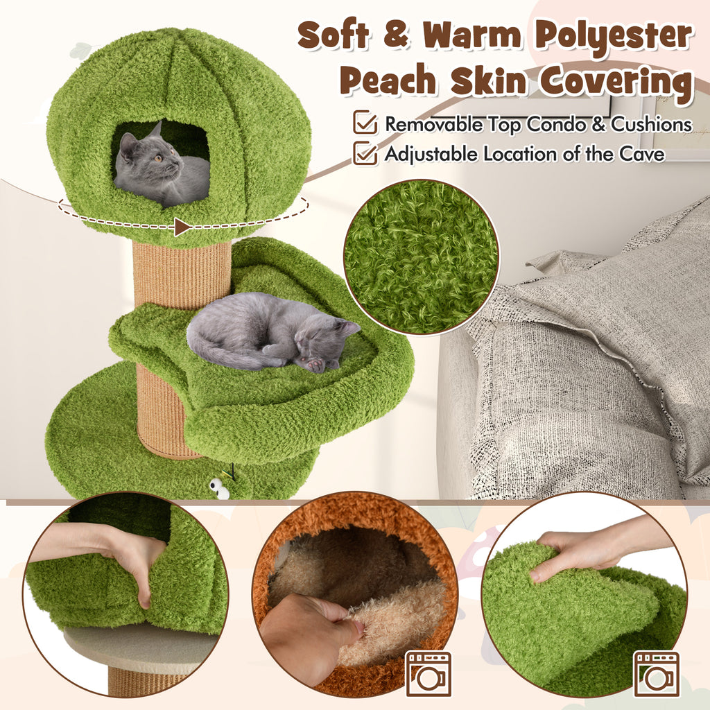 Green Mushroom Cat Tree with Condos & Plush Perch - Cat Furniture for Indoor Cats