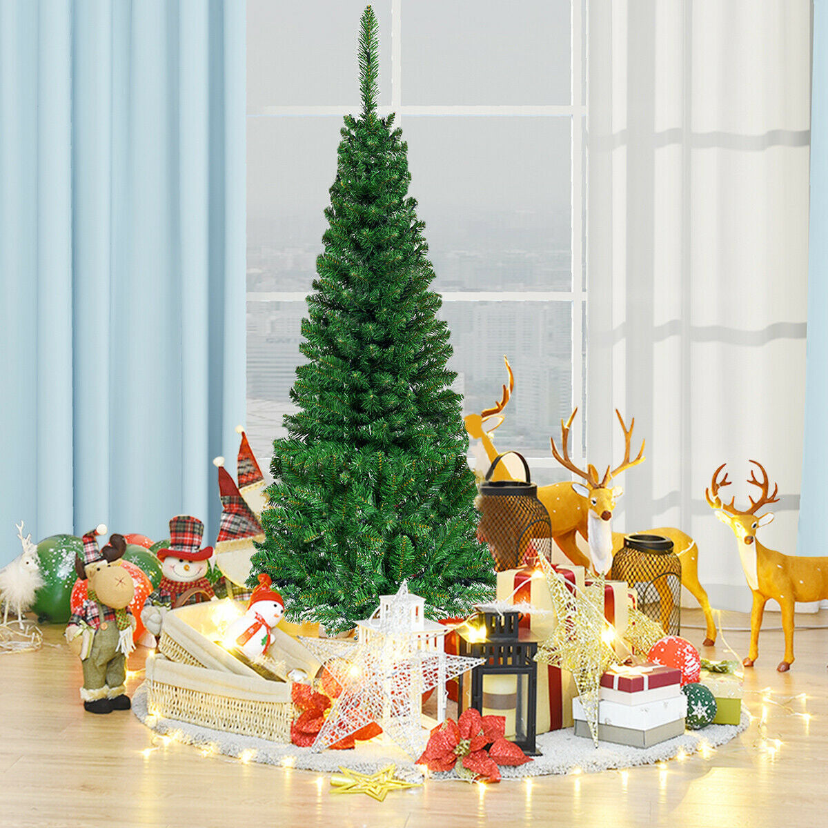 4.5 ft Prelit Pencil Christmas Tree with 250 Colorful LED Lights - Slim & Realistic
