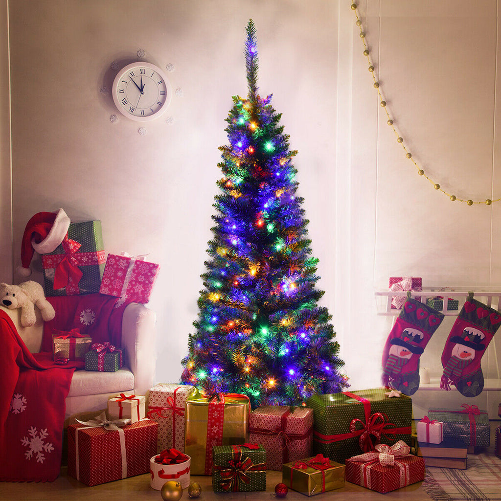 4.5 ft Prelit Pencil Christmas Tree with 250 Colorful LED Lights - Slim & Realistic
