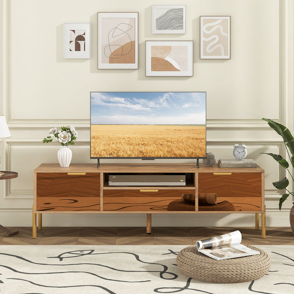 Mirrored TV Stand for 65 Inch TV with Storage Cabinets - Natural