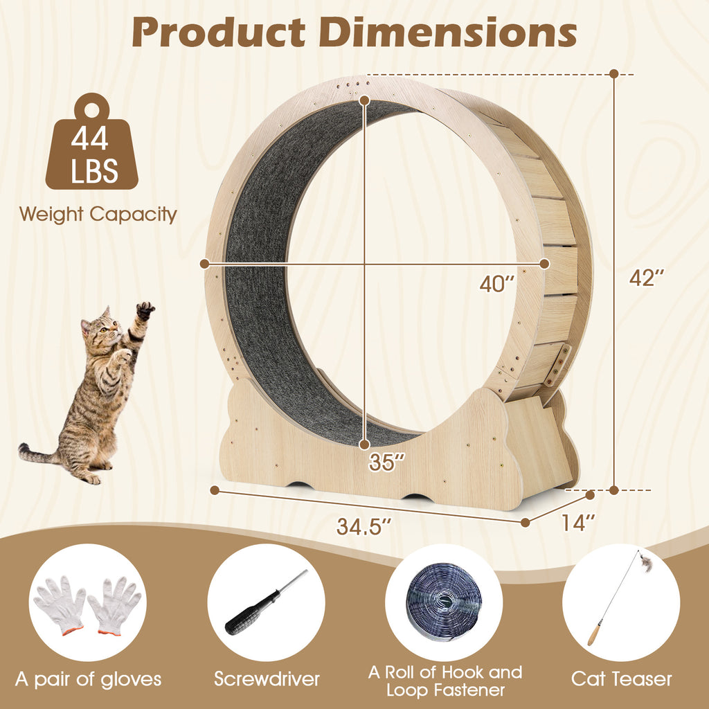 Natural 40 Inch Large Cat Exercise Wheel with Lockable Mechanism and Carpeted Runway