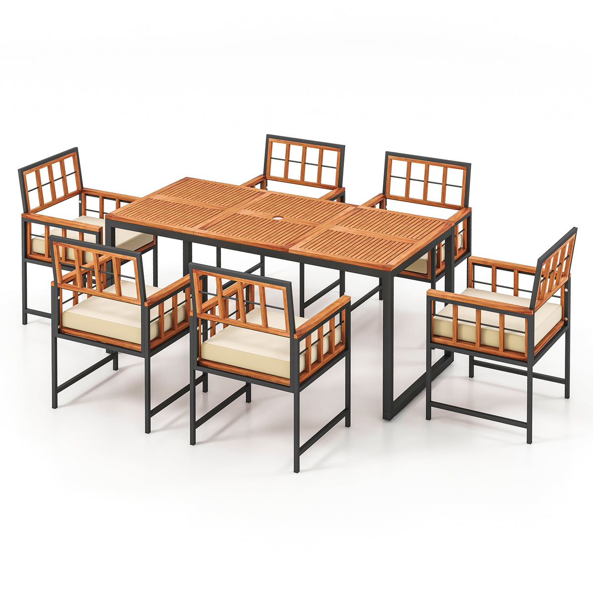 7-Piece Acacia Wood Patio Dining Set with Cushions – Natural