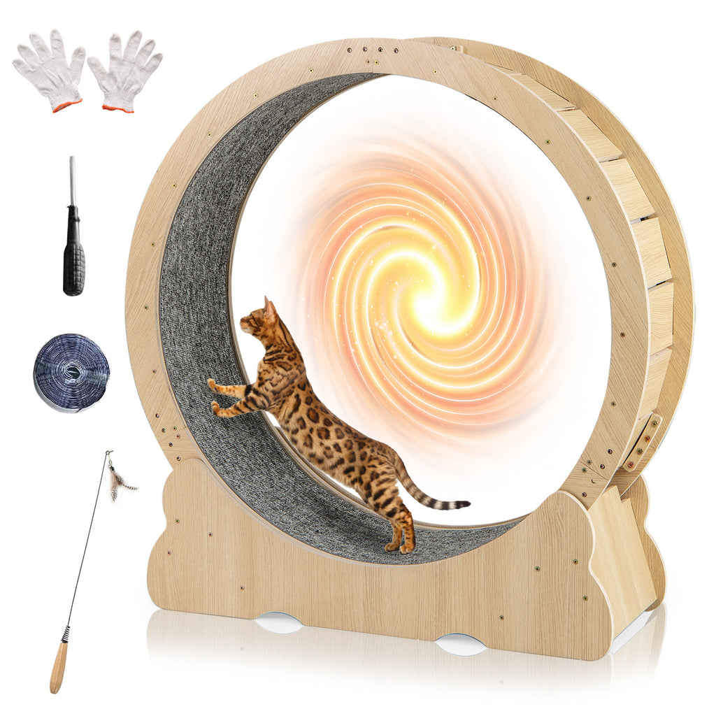 Natural 40 Inch Large Cat Exercise Wheel with Lockable Mechanism and Carpeted Runway