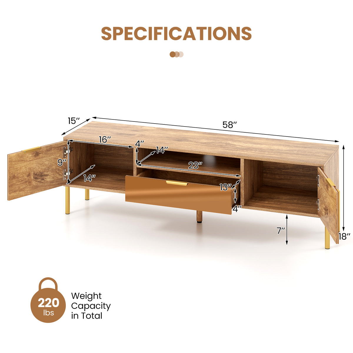 Mirrored TV Stand for 65 Inch TV with Storage Cabinets - Natural