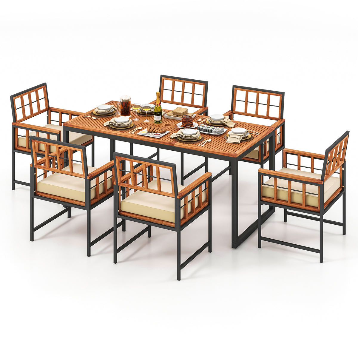 7-Piece Acacia Wood Patio Dining Set with Cushions – Natural