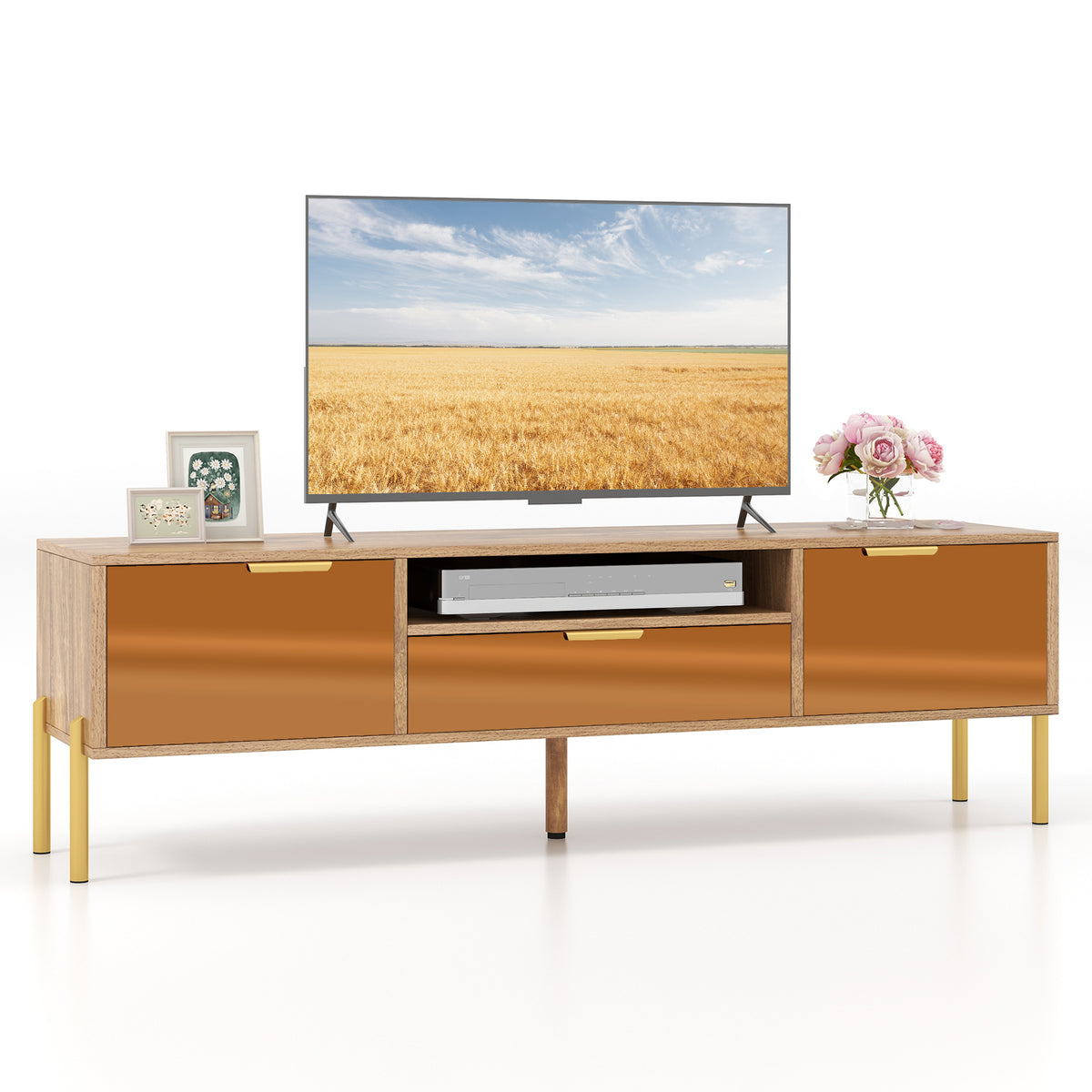 Mirrored TV Stand for 65 Inch TV with Storage Cabinets - Natural