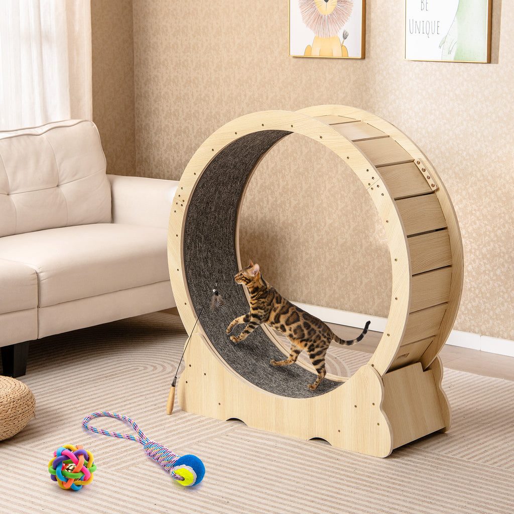 Natural 40 Inch Large Cat Exercise Wheel with Lockable Mechanism and Carpeted Runway