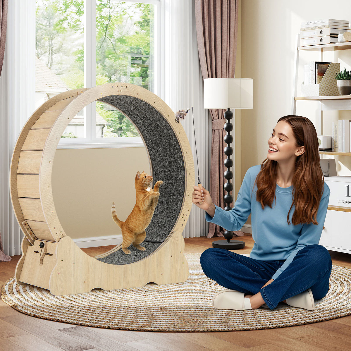 Natural 40 Inch Large Cat Exercise Wheel with Lockable Mechanism and Carpeted Runway