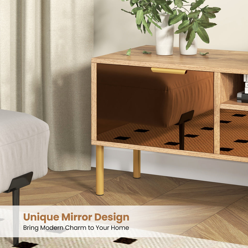 Mirrored TV Stand for 65 Inch TV with Storage Cabinets - Natural