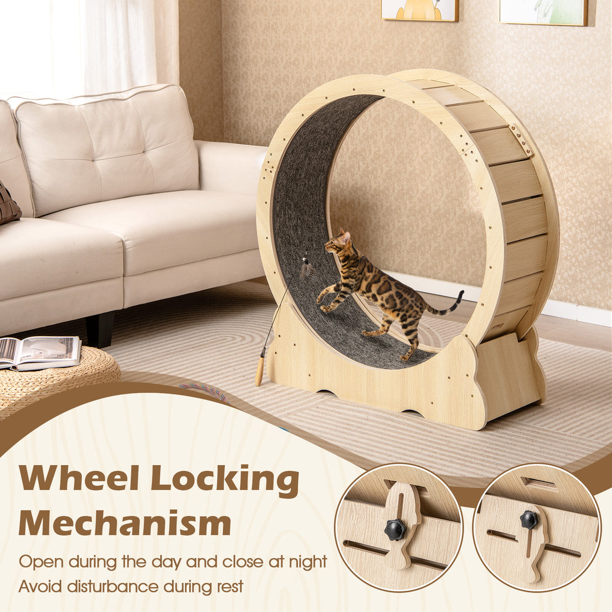 Natural 40 Inch Large Cat Exercise Wheel with Lockable Mechanism and Carpeted Runway