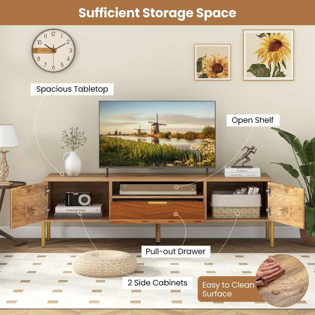 Mirrored TV Stand for 65 Inch TV with Storage Cabinets - Natural