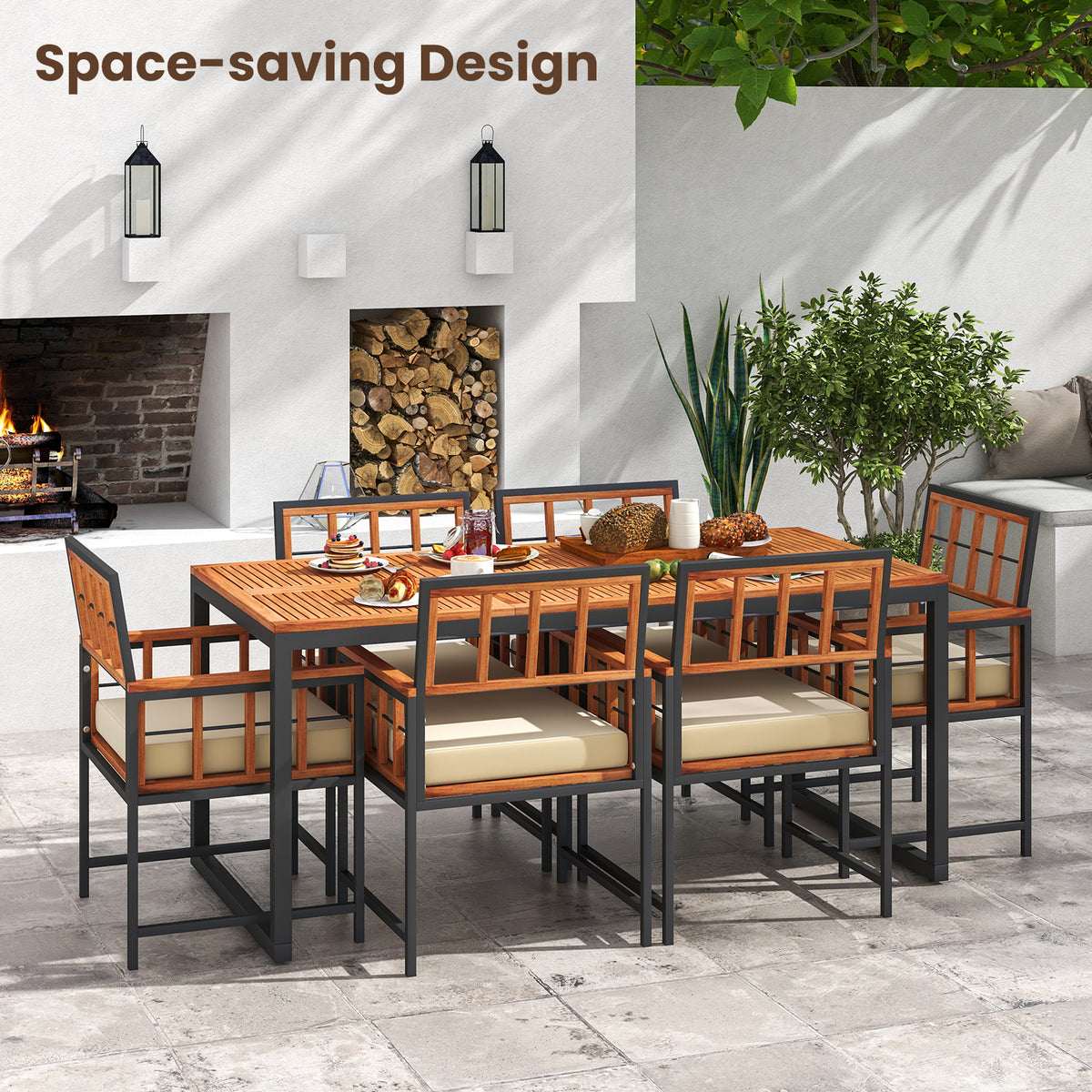 7-Piece Acacia Wood Patio Dining Set with Cushions – Natural
