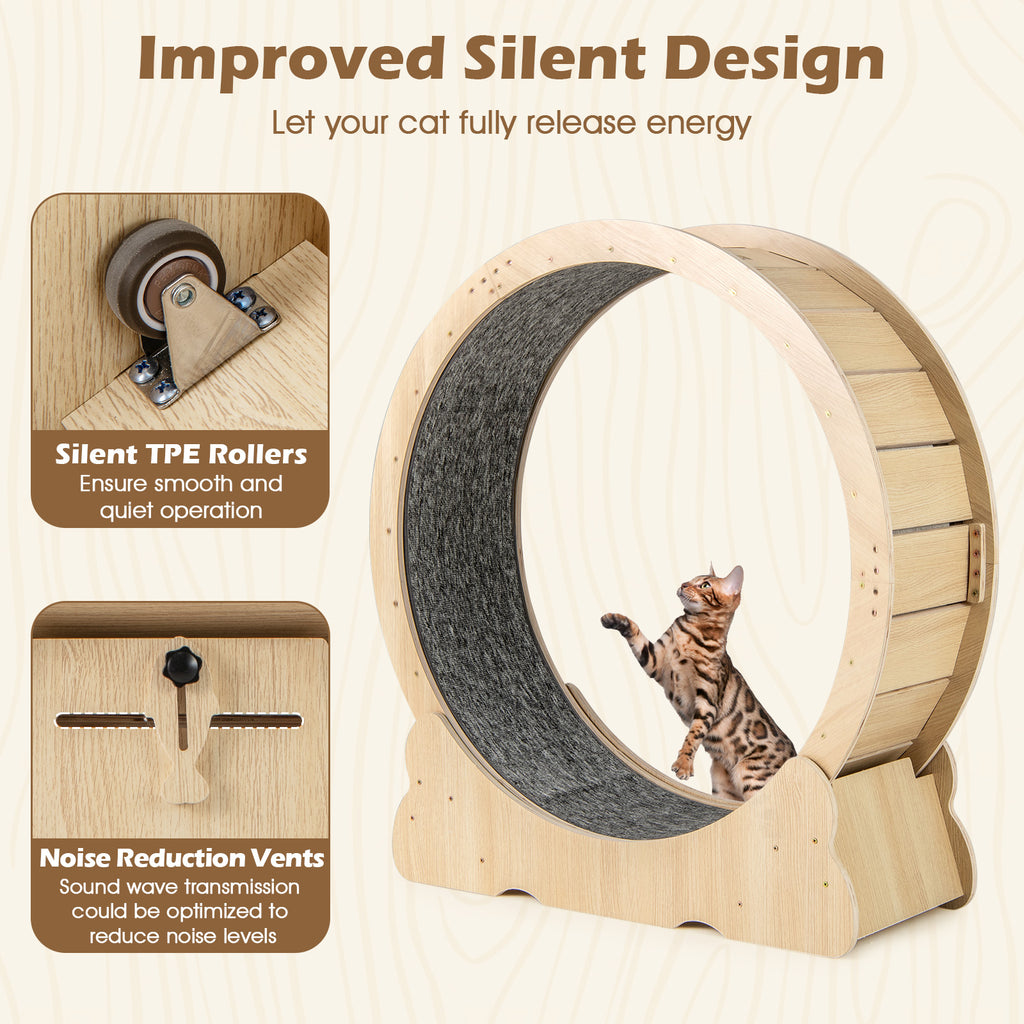 Natural 40 Inch Large Cat Exercise Wheel with Lockable Mechanism and Carpeted Runway