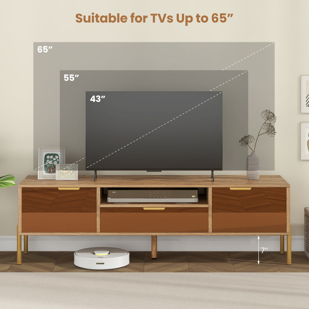Mirrored TV Stand for 65 Inch TV with Storage Cabinets - Natural
