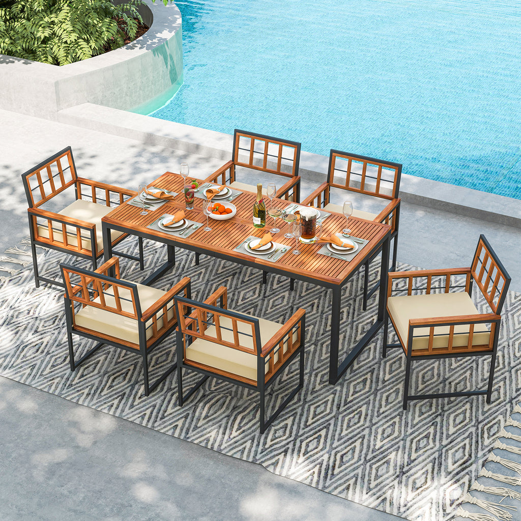 7-Piece Acacia Wood Patio Dining Set with Cushions – Natural