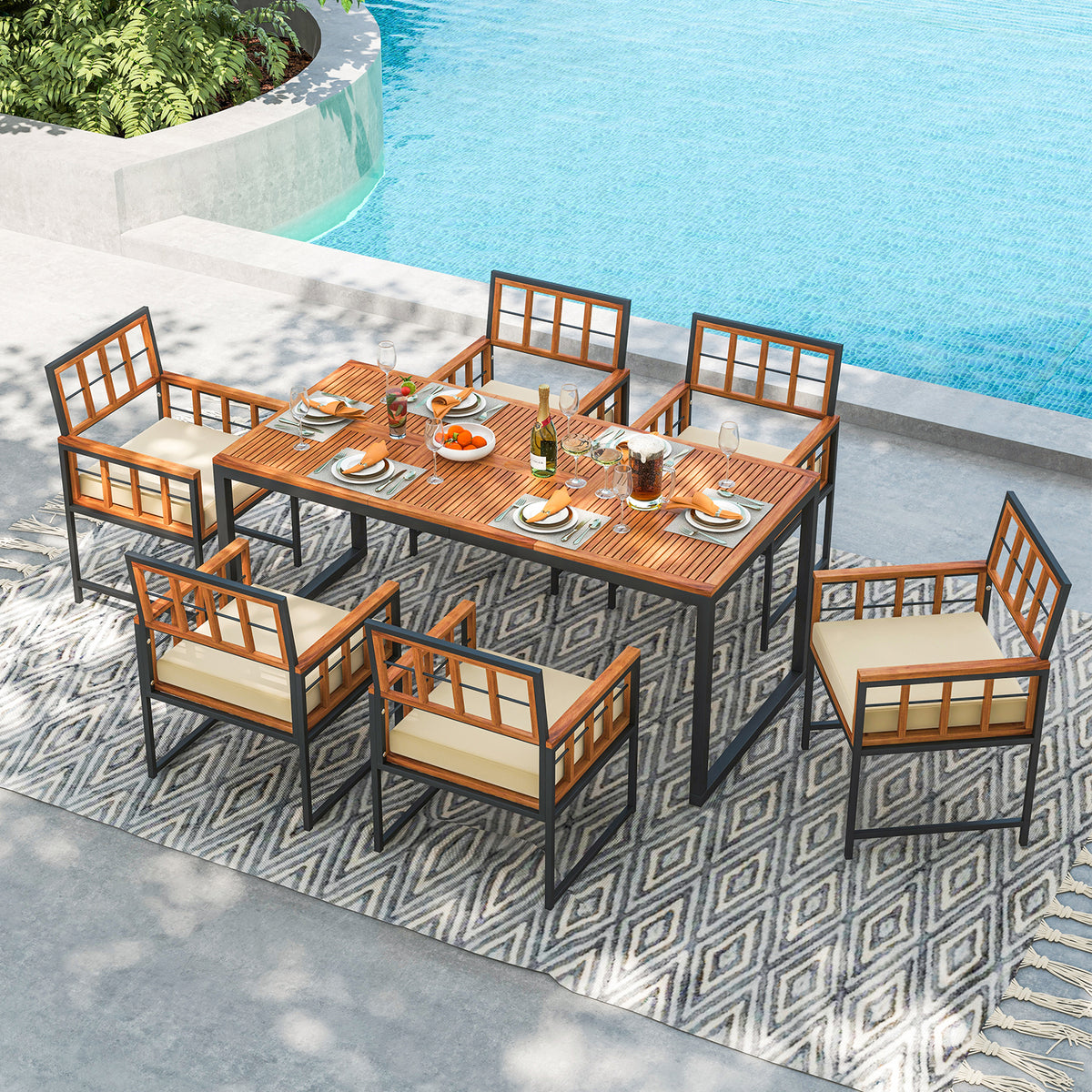 7-Piece Acacia Wood Patio Dining Set with Cushions – Natural