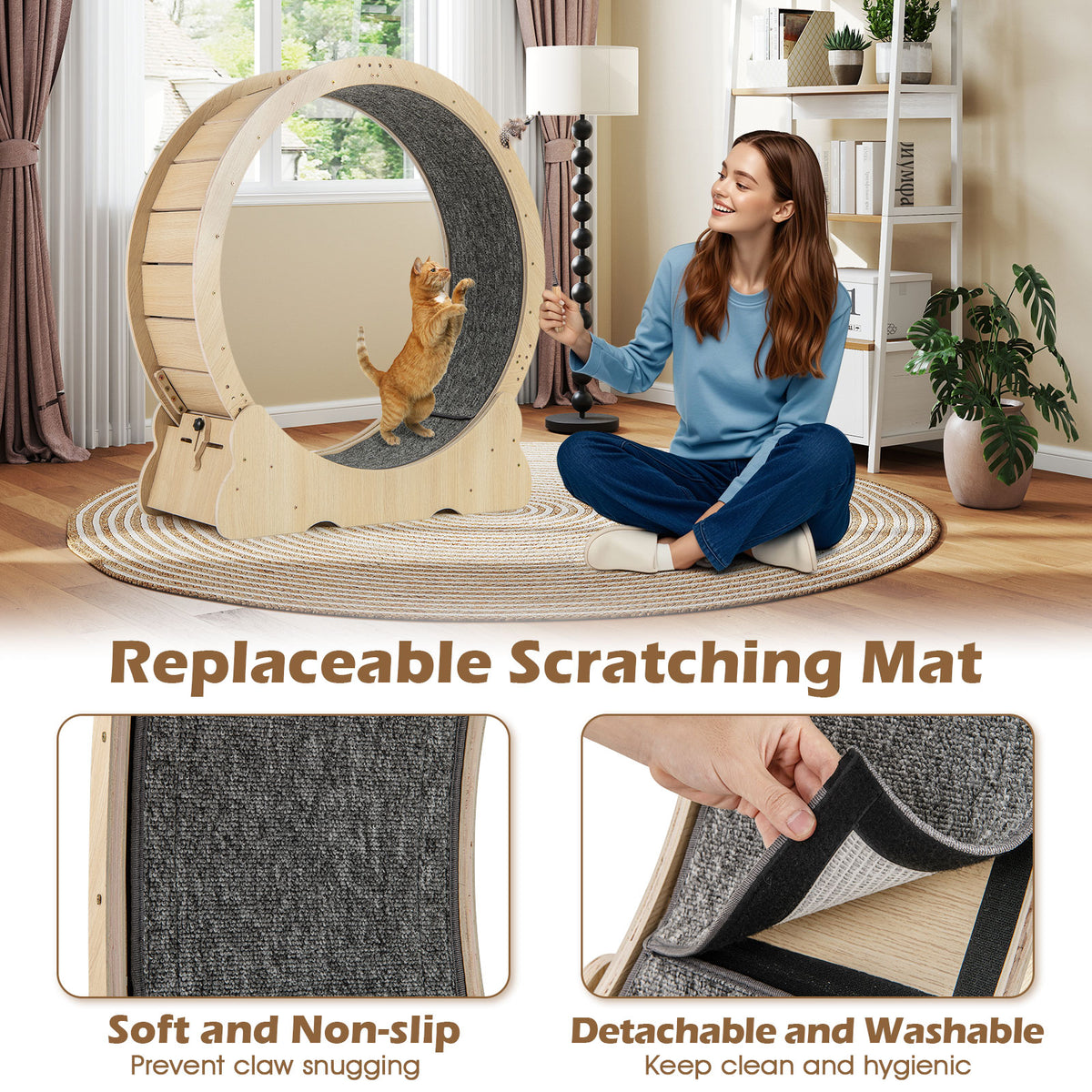 Natural 40 Inch Large Cat Exercise Wheel with Lockable Mechanism and Carpeted Runway