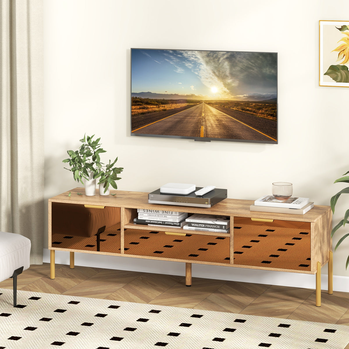 Mirrored TV Stand for 65 Inch TV with Storage Cabinets - Natural