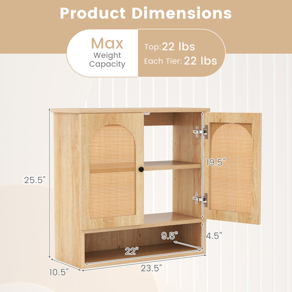 Bathroom Wall Cabinet with PE Rattan Doors and Adjustable Shelves